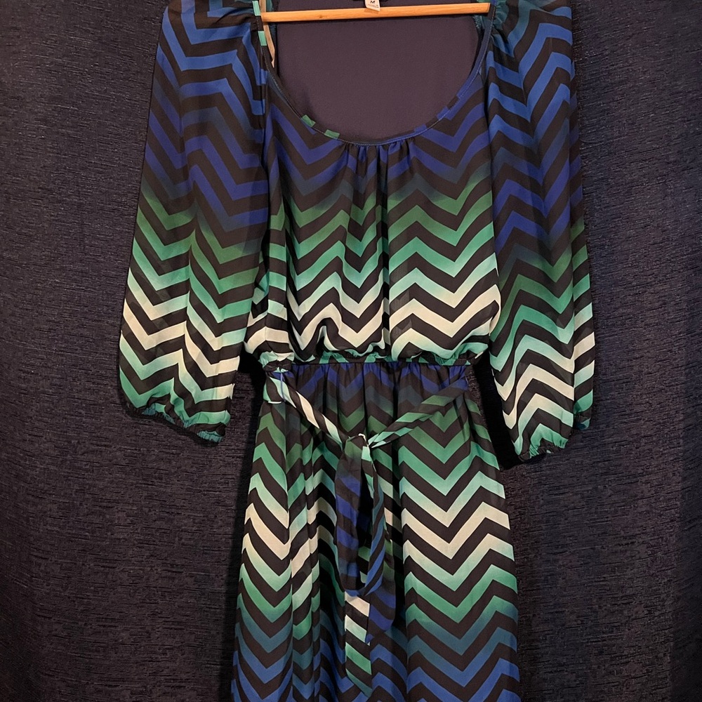 Chevron Patterned Green and Blue Dress